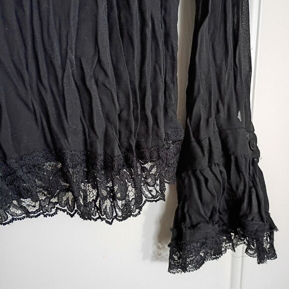 Vtg Fashion Bug Sheer Black Crinkle Button Down Blouse Lace Trim XL Goth Grunge - Picture 4 of 5